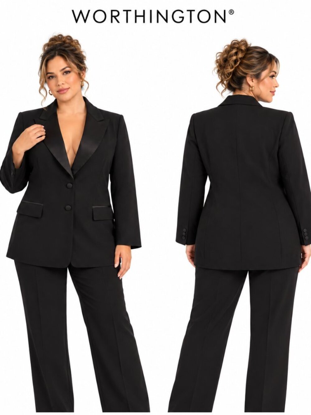 Worthington Womens Black Tuxedo Blazer Satin Lapel Wrinkle Free Jacket Size M